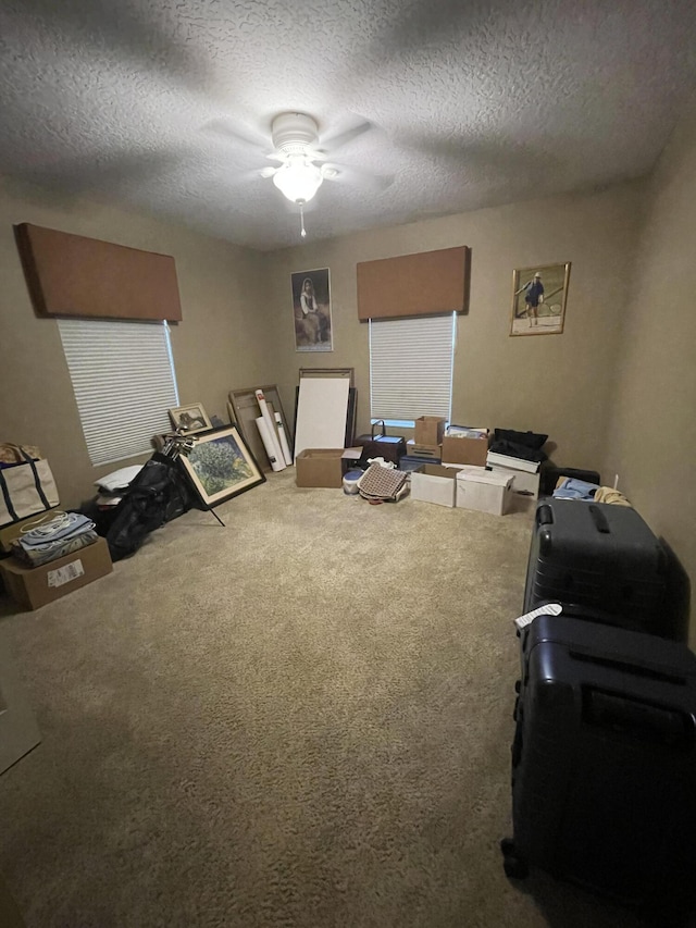 miscellaneous room featuring carpet, a textured ceiling, and ceiling fan