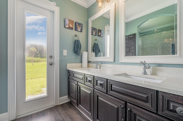 bathroom featuring dual bowl vanity, hardwood / wood-style floors, and ornamental molding