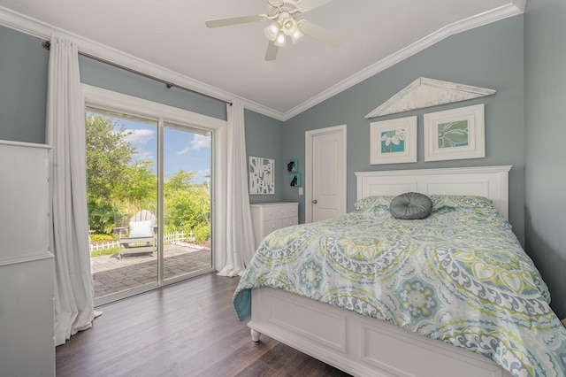 bedroom featuring crown molding, dark wood-type flooring, lofted ceiling, access to outside, and ceiling fan