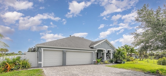 view of front of house with a garage and a front lawn