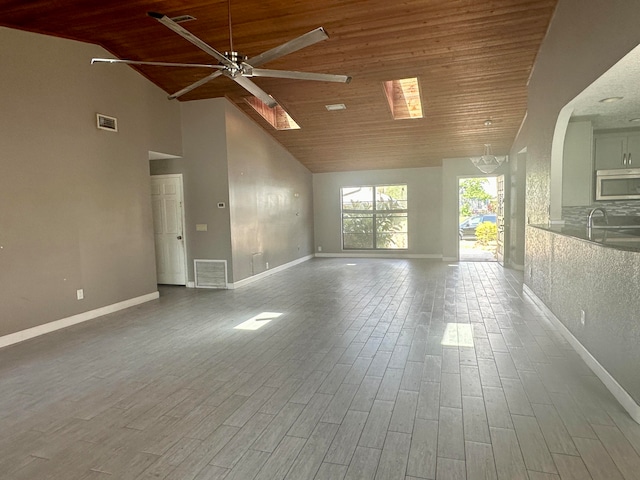 unfurnished room featuring ceiling fan, wood-type flooring, high vaulted ceiling, sink, and wooden ceiling