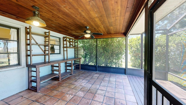 unfurnished sunroom with wooden ceiling and ceiling fan