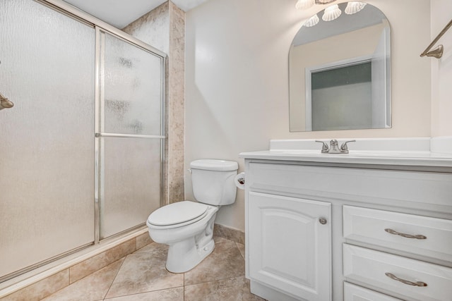 bathroom featuring an enclosed shower, vanity, toilet, and tile patterned floors