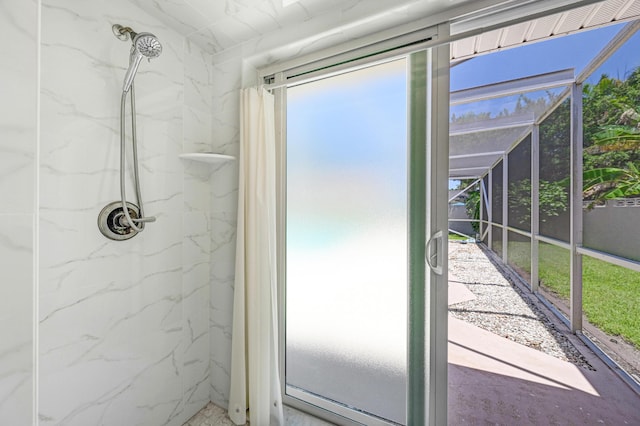 interior space with a shower with curtain