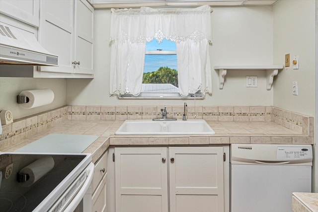 kitchen featuring ventilation hood, dishwasher, white cabinets, and sink