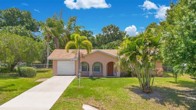 view of front of home with a front yard and a garage