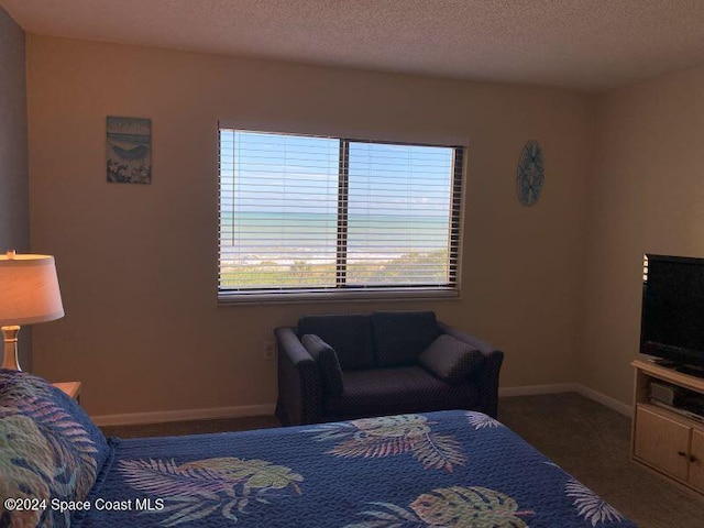 bedroom featuring a textured ceiling and dark carpet