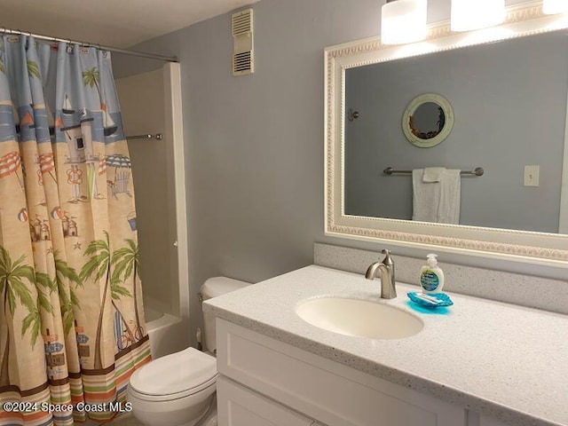 full bathroom featuring toilet, vanity, and shower / tub combo with curtain