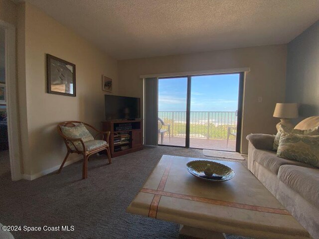 7520 Ridgewood Ave Unit 507, Cape Canaveral, FL 32920 - carpeted living room with a textured ceiling and baseboards
