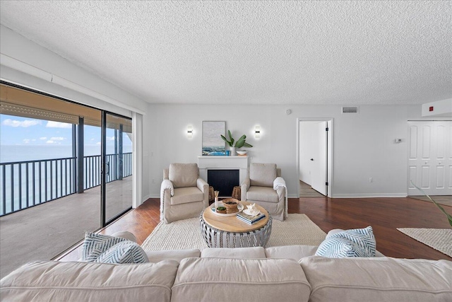 living room with a textured ceiling and hardwood / wood-style floors