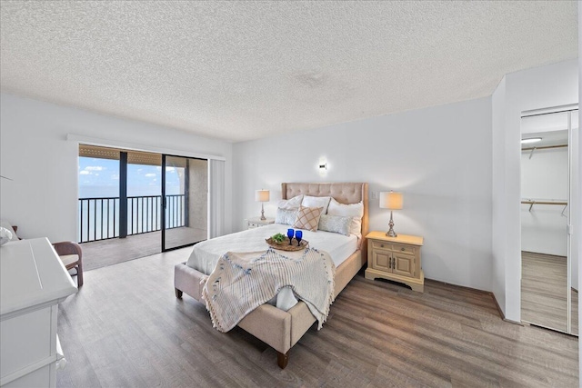 bedroom with a spacious closet, a closet, a textured ceiling, access to exterior, and dark wood-type flooring