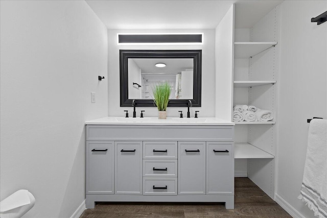 bathroom with wood-type flooring and double sink vanity