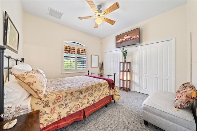 bedroom with ceiling fan and carpet flooring