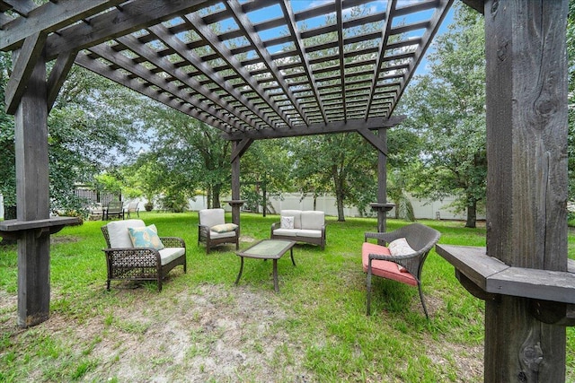 view of yard featuring outdoor lounge area and a pergola