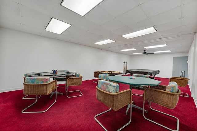 recreation room featuring carpet floors, a drop ceiling, and billiards