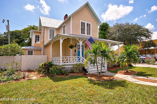 view of front of property with a front yard and a porch