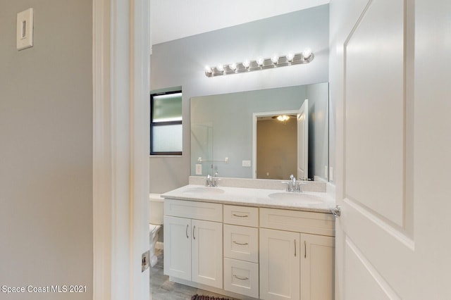 bathroom featuring toilet and dual bowl vanity