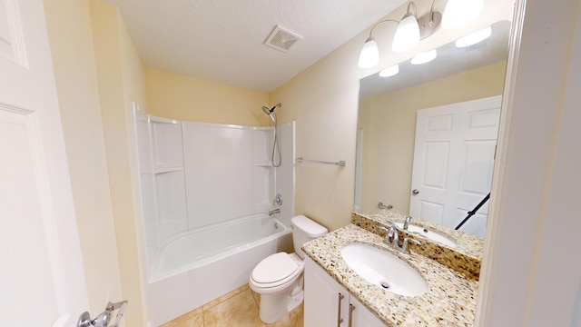 full bathroom with tile patterned floors, shower / bathtub combination, a textured ceiling, vanity, and toilet