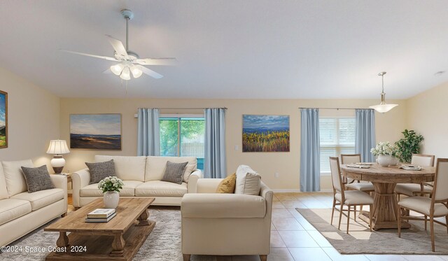 tiled living room featuring ceiling fan