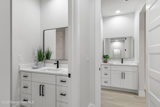 bathroom with hardwood / wood-style flooring and vanity