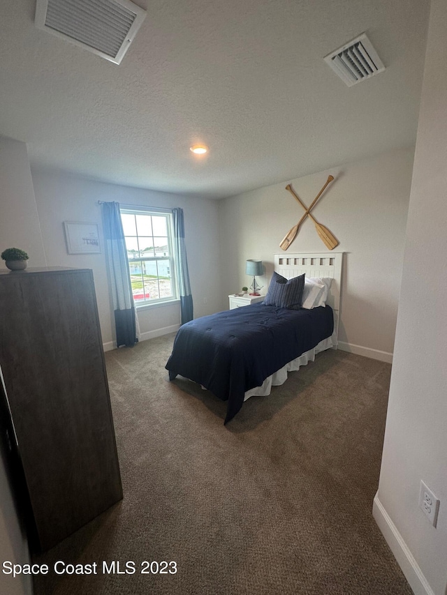 bedroom featuring a textured ceiling and carpet flooring