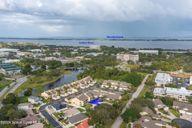 aerial view featuring a water view