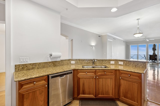 kitchen featuring kitchen peninsula, stainless steel dishwasher, light stone countertops, ceiling fan, and sink