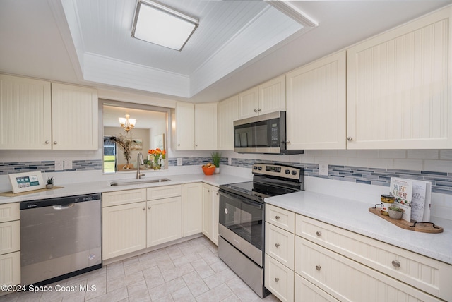 kitchen with decorative backsplash, sink, a raised ceiling, and stainless steel appliances