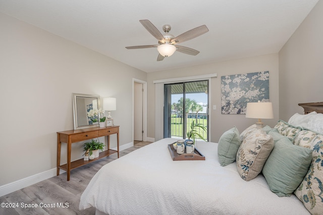 bedroom featuring ceiling fan, access to exterior, and light wood-type flooring