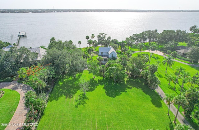 bird's eye view with a water view