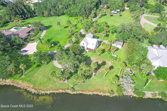 bird's eye view with a water view