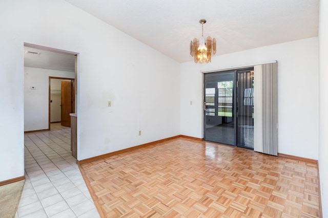 unfurnished room featuring light tile patterned floors and an inviting chandelier