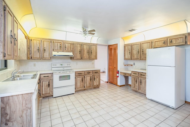 kitchen featuring ceiling fan, light tile patterned floors, sink, and white appliances