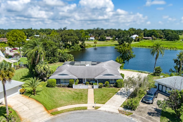 birds eye view of property featuring a water view