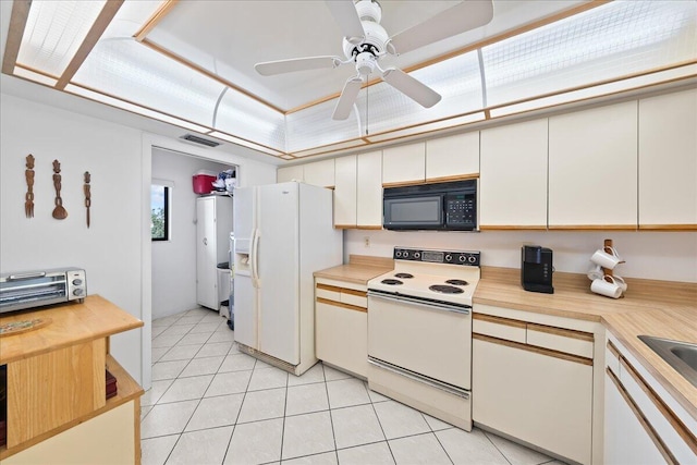 kitchen with white cabinetry, white appliances, ceiling fan, and light tile patterned floors