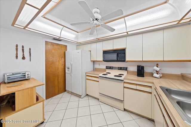250 S Sykes Creek Pkwy Unit 309, Merritt Island, FL 32952 - kitchen featuring white appliances, a sink, ceiling fan, light tile patterned floors, and white cabinets
