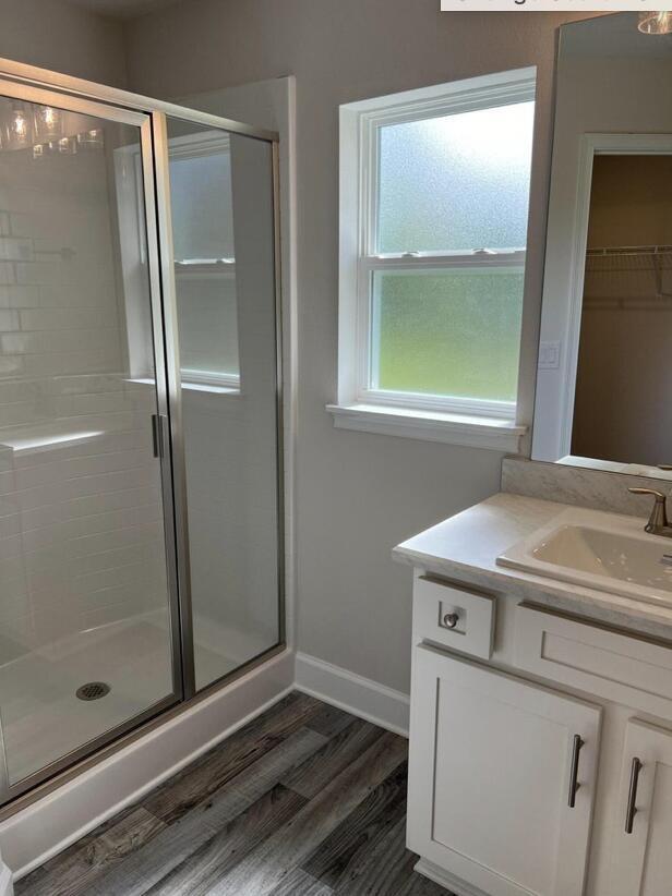 bathroom featuring vanity, a shower with shower door, and hardwood / wood-style flooring