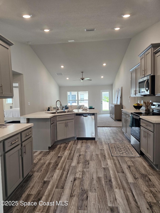 920 Lyons Cir NW, Palm Bay, FL 32907 - kitchen featuring appliances with stainless steel finishes, lofted ceiling, gray cabinets, dark wood finished floors, and a sink
