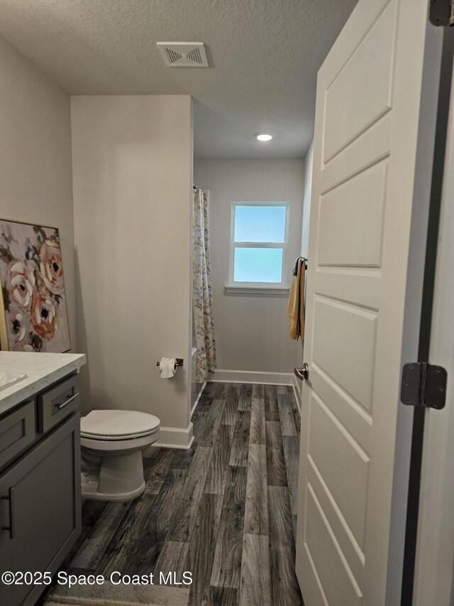 920 Lyons Cir NW, Palm Bay, FL 32907 - full bath featuring toilet, vanity, wood finished floors, a textured ceiling, and a shower with curtain