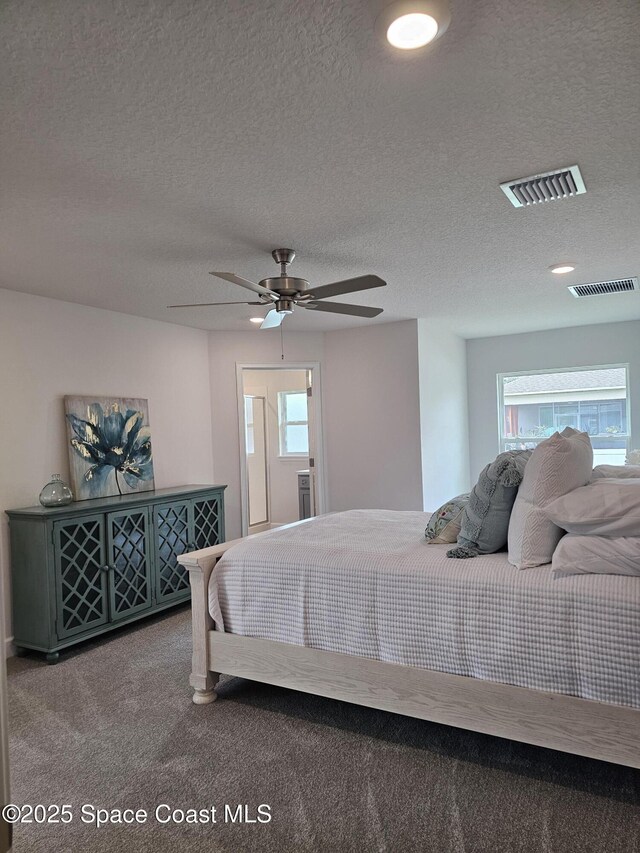 920 Lyons Cir NW, Palm Bay, FL 32907 - carpeted bedroom with multiple windows, a textured ceiling, and ceiling fan