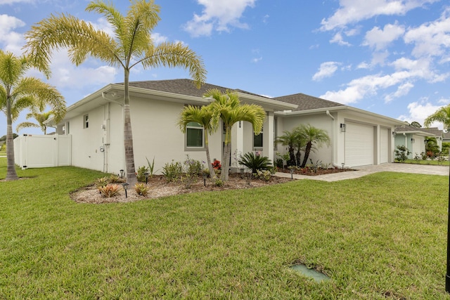 ranch-style home with a garage and a front lawn