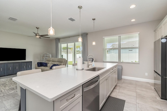 kitchen featuring white cabinetry, an island with sink, appliances with stainless steel finishes, and sink