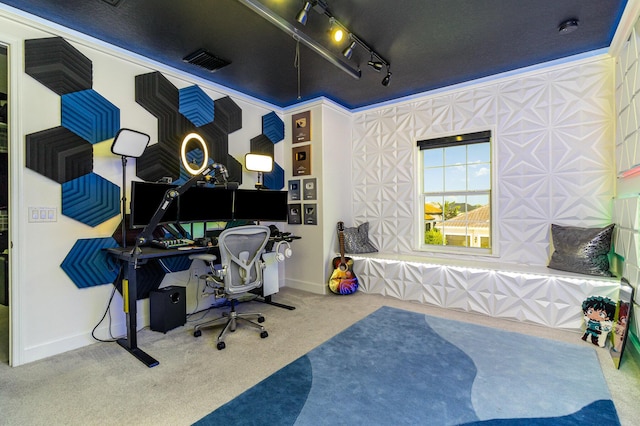 carpeted office space featuring rail lighting, visible vents, and baseboards