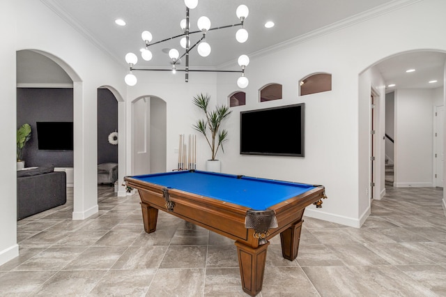 recreation room with crown molding and billiards