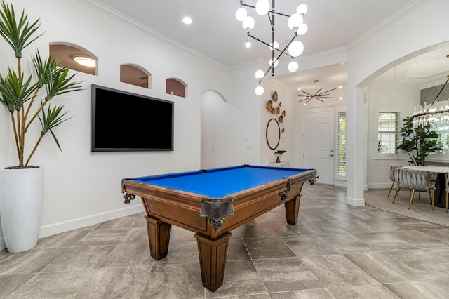 rec room with crown molding, a notable chandelier, and pool table