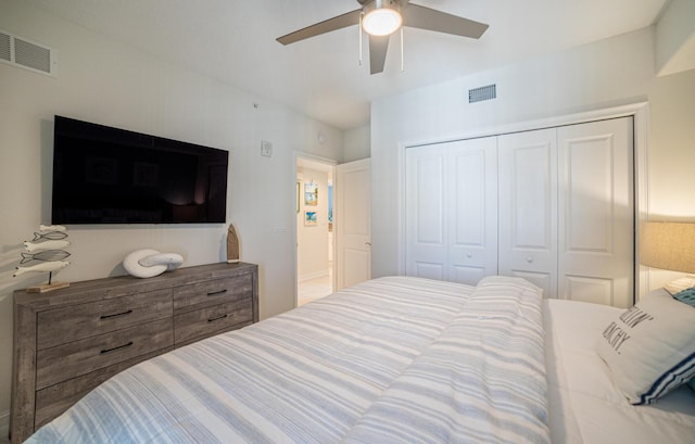 bedroom with ceiling fan and a closet