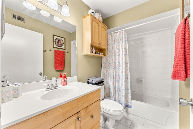 full bathroom featuring toilet, shower / bath combination with curtain, tile patterned floors, and vanity