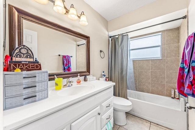 full bathroom with tile patterned flooring, toilet, vanity, and shower / tub combo with curtain