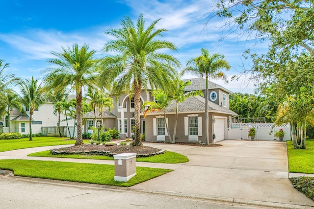 view of front of property featuring a garage and a front lawn