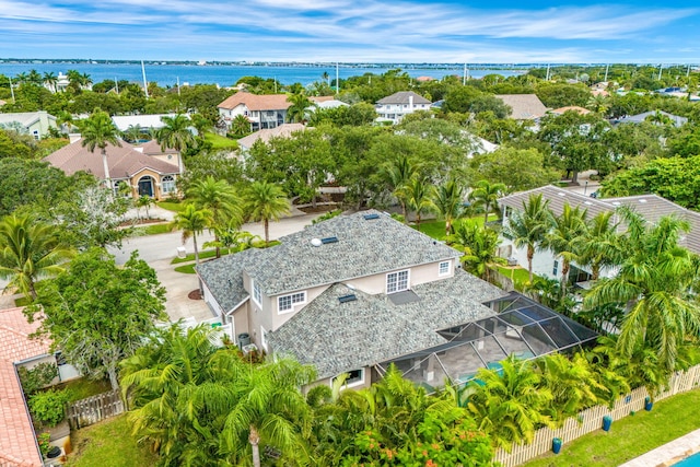 bird's eye view with a water view